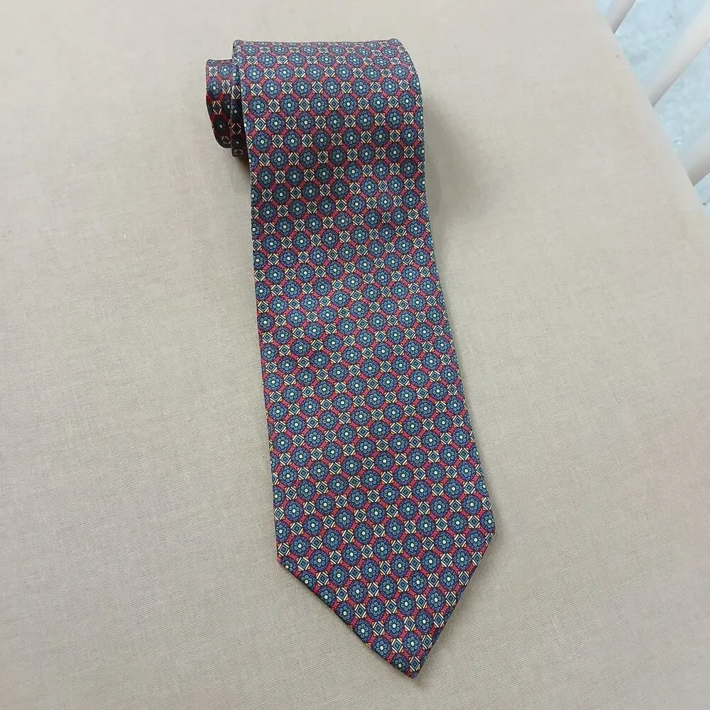 Vintage Christian Dior Monsieur Geometric Medallion Mens Necktie Red Blue